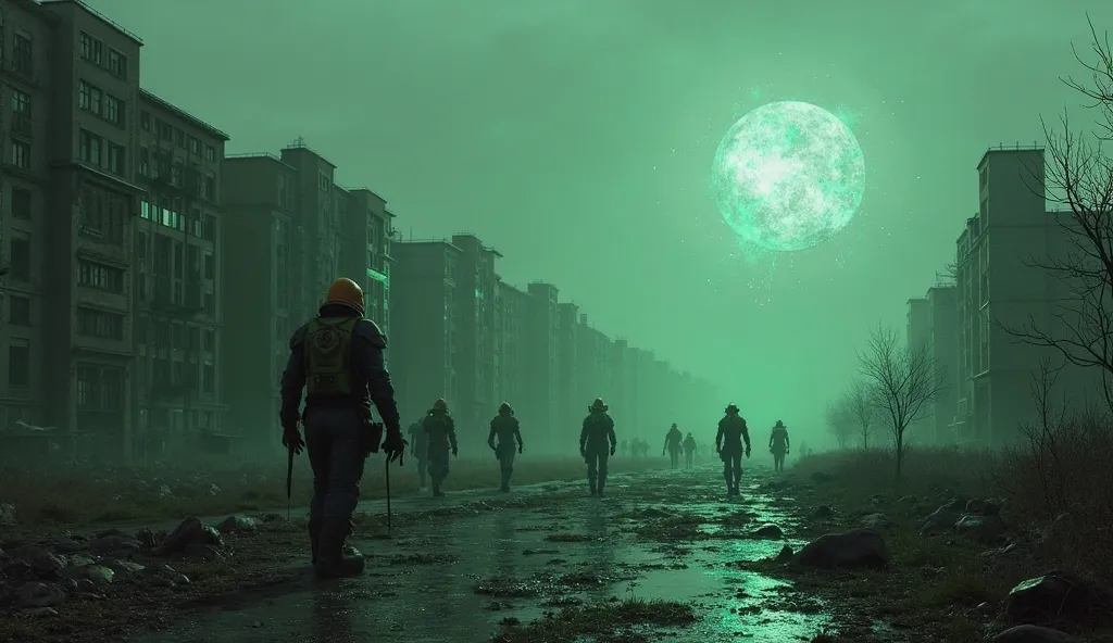 Gloomy, creepy landscapes of the Chernobyl Exclusion Zone, with crumbling buildings, by territories covered by anomalies and scattered artefacts facts. In this scene, mutants or survivors wearing sturdy protective suits carefully move across the radioactiv...