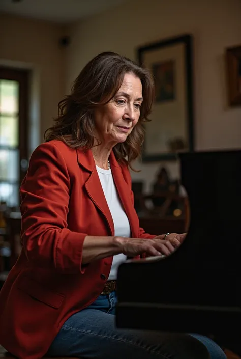  52 year old woman , Brown hair, brown eyes, wearing a light red jacket,  a white blouse , tight jeans and sneakers. She is sitting playing the piano.