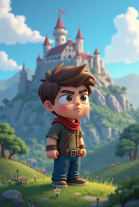 Create a cartoon image on the theme of minecraft, let the background be pretty cool with a mountain and a castle and the player will be in the foreground, he will look directly at the image with a serious face and Nevo will have a skin like Hetman's