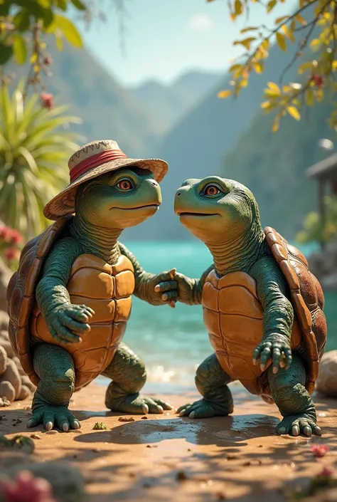 Make the one turtle more Californian male and the other balkan girl