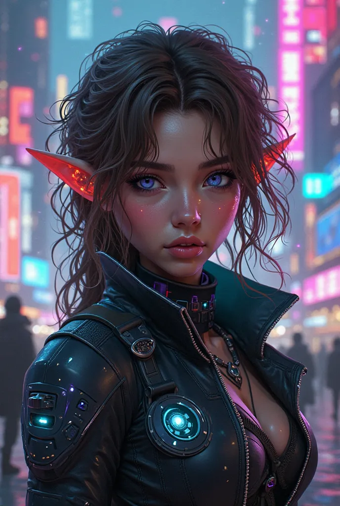 A futuristic Cyberpunk 2077, with slightly tanned skin and curly brown hair that shines softly with subtle cybernetic implants. Her pointy ears have small luminescent circuits embedded. She wears a black technological jacket with neon blue and purple detai...