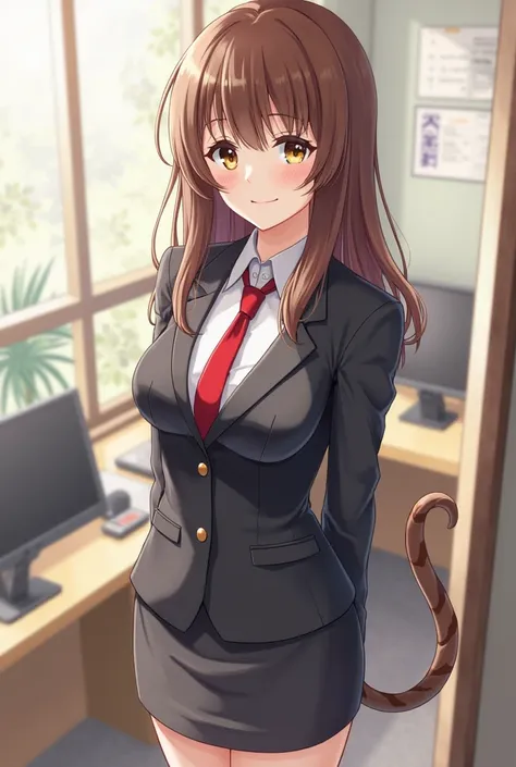  Masterpiece , best quality, Highest quality, perfect anatomy, high resolution, ultra- detailed, 8k wallpaper, texture,  detail, unique , HDR, extremely  detailed CG,  Azuma Hiseto ,  1 girl, One, full body,  standing,  tail, brown_ hair,  chelka, brown_ey...