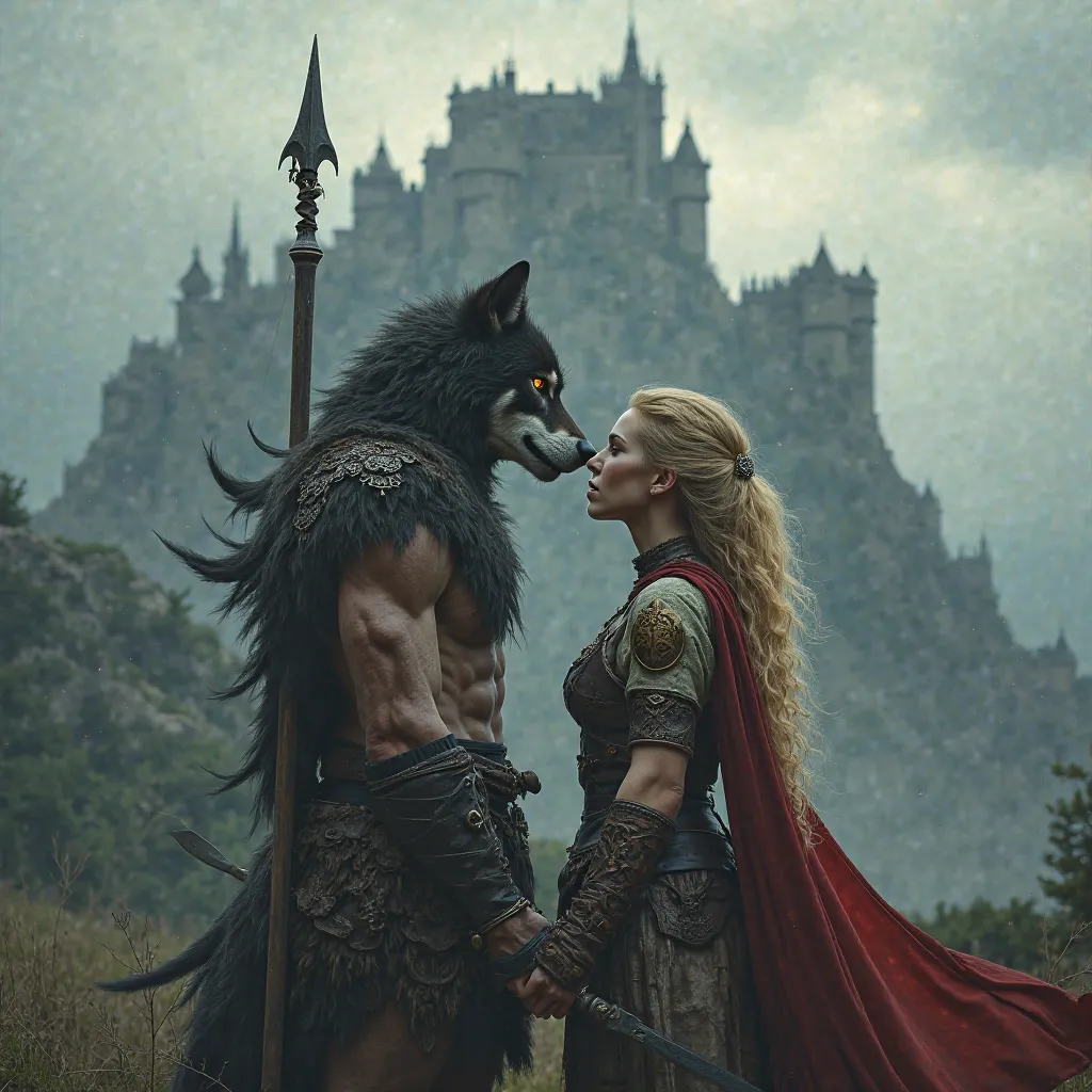 Warrior wolf man with a beautiful blonde short hair female warrior in love with a haunted castle background 