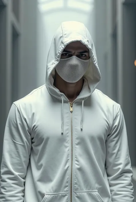 Warrior man wearing a white hoodie and wearing a white mask looking like a white mesh 