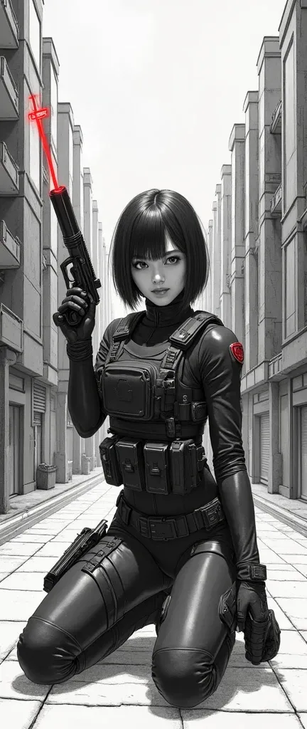 (masterpiece,distinguished quality,like a mirror,cinematic experience, incredibly detailed ,absurdres),8K, wallpaper,,( best illustrations :2.0),( a woman:2.0),(Motoko Kusanagi:2.0),(Ghost in the Shell :2.0),(black tactical suit:2.0),(heavy black bulletpro...