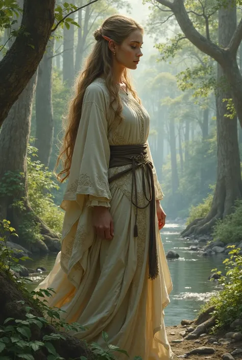 An elf in a tunic, with long straight hair, sideways