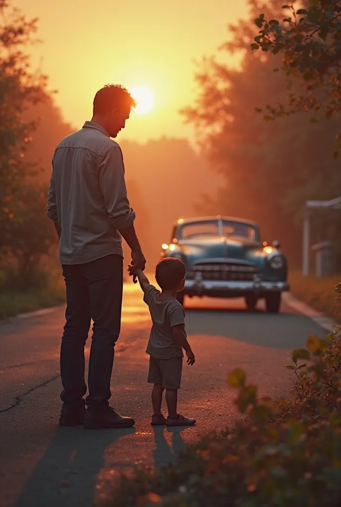 Father: Handing over the car keys to another person, his eyes filled with sadness.
Son (): Standing beside him, holding his father’s hand, looking at the car innocently.

A hyper-realistic image of a man standing in front of his house, watching as his belo...