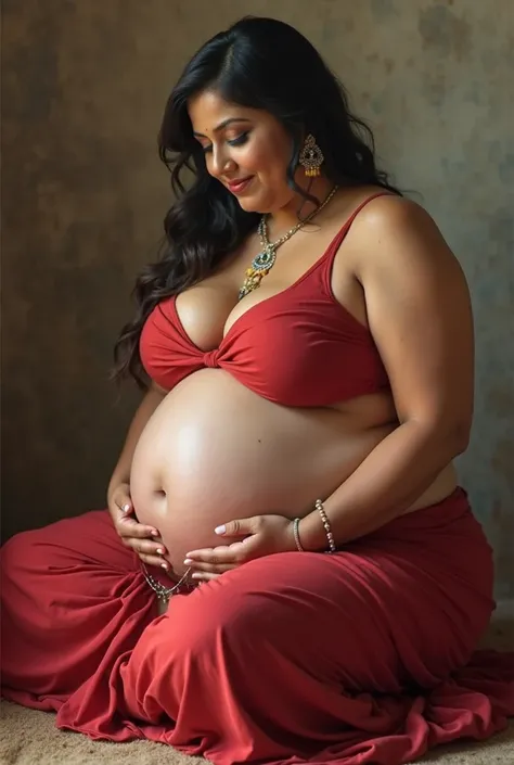 Georgous nude chubby bbw women with fully exposed huge saggy 9 months pregnantt belly with big deep navel washing clothes wearing red petticoat tucked up showing shiny thighs and Indian jewellery sitting in squat position. Huge saggy round boobs in top 