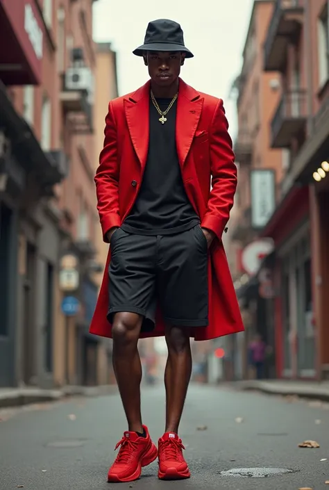 Create a man who wears a completely red pimp jacket, a short completely black, a black cap and red puma xl shoes the man who is white 