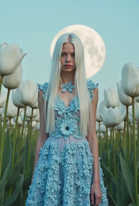 Gorgeous full-length girl with long white hair standing directly in front of the camera, wearing an intricate blue lace dress of flowers, standing in the middle of huge, white pearlescent tulips, tulips taller than the girl, against the sky, large moon in ...