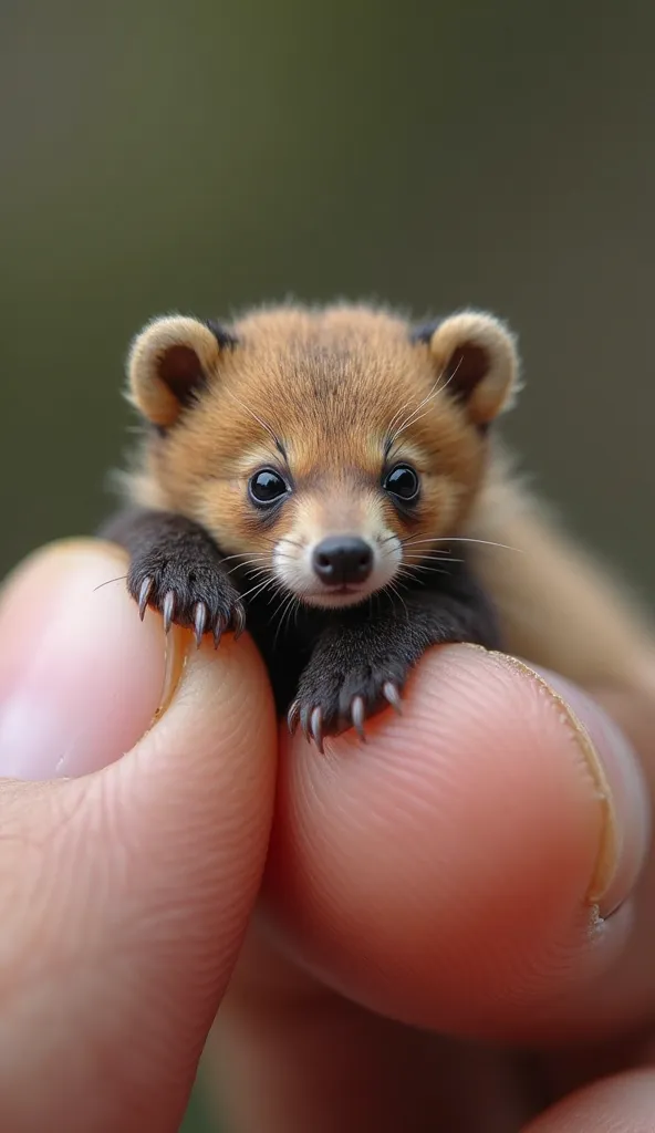 "Capture a close-up photo with shallow depth of field, showing a tiny, finger-sized bear resting gently on human fingers. Highlight the delicate textures, with soft shadows enhancing the details of the miniature creature. Background blur adds depth, highli...