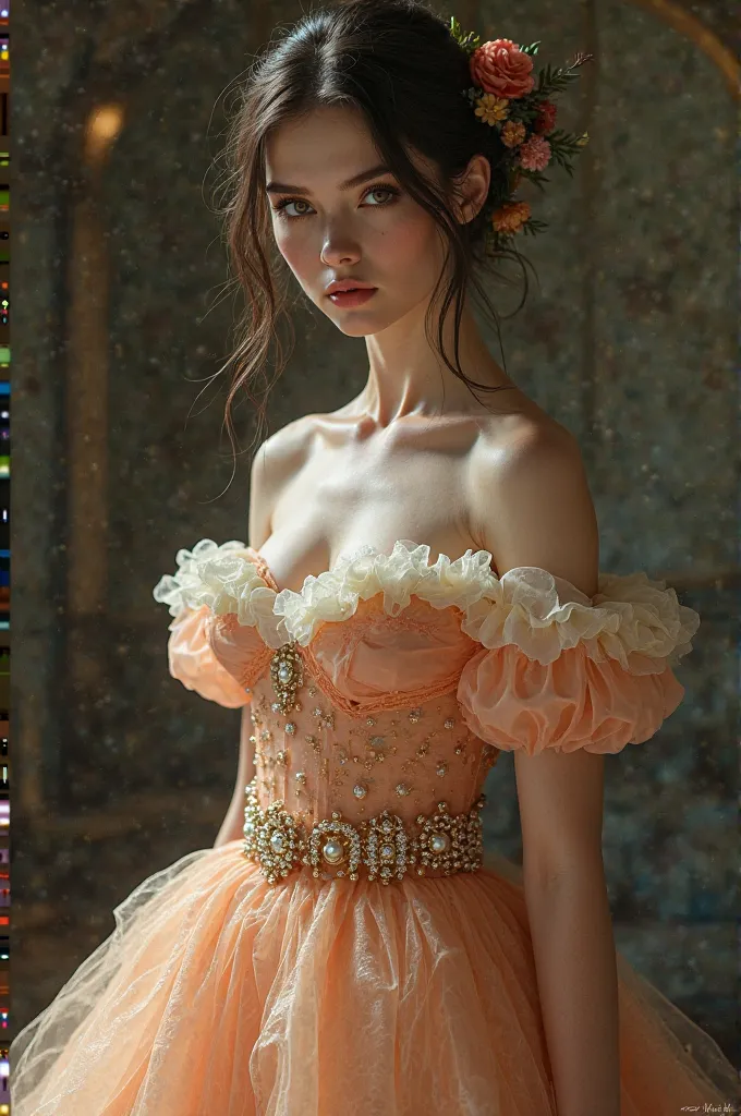 The false sister wore a dress in a shade of crystallized apricot, with a cream petticoat and a thick pearl belt, And she looked beautiful