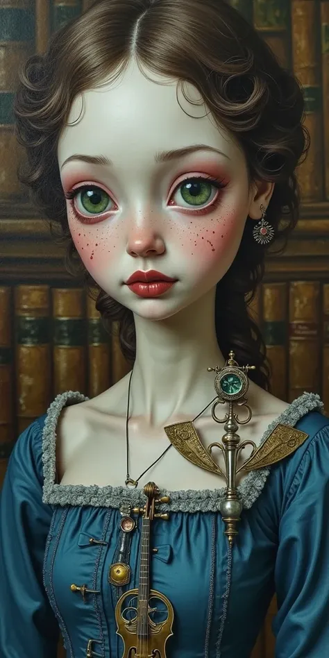 "Peinture surréaliste à la manière de Mark Ryden et Adrian Borda d'une femme à la peau pâle comme de la porcelaine avec des craquelures dorées. Son visage est à moitié pink , Il a des yeux verts profonds et mélancoliques, elle porte une robe  bleu nuit ave...