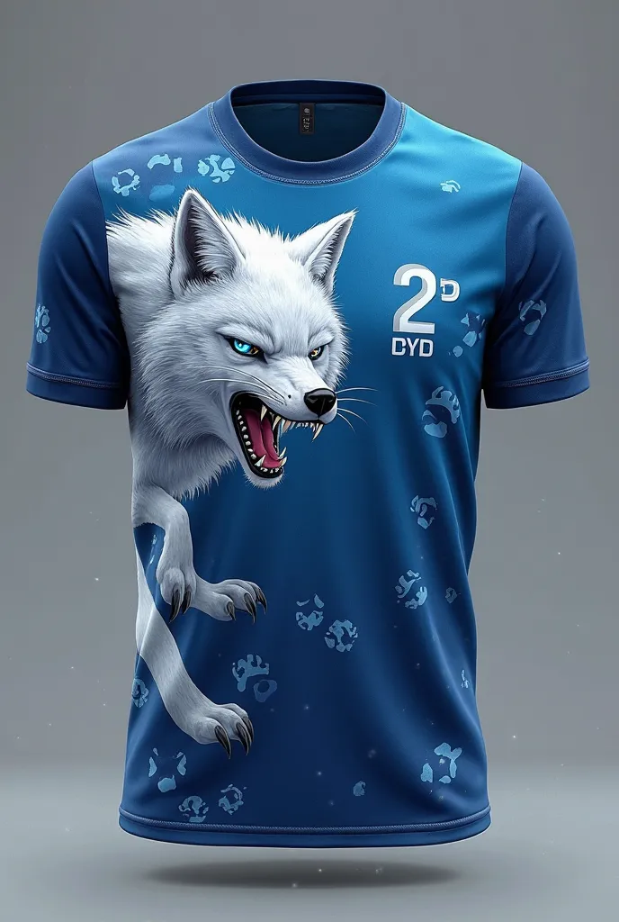 Interclass sports jersey with the following descriptions:
Cor: Ocean blue
animal: Snow fox with light blue eyes and very fierce and angry on the left side to the middle of the shirt. I also want claw marks scattered across the jersey
On the right side of t...