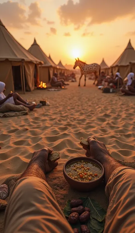 "POV of an Egyptian worker resting in the camp at dusk after a long day of work. Sitting on the hot desert sand, with its legs stretched and wearing light, worn pants, he holds a piece of rustic bread and plunges it into a clay bowl containing a grain and ...