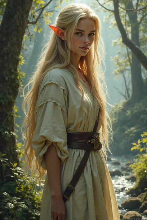 An elf in a tunic, with long straight hair, sideways