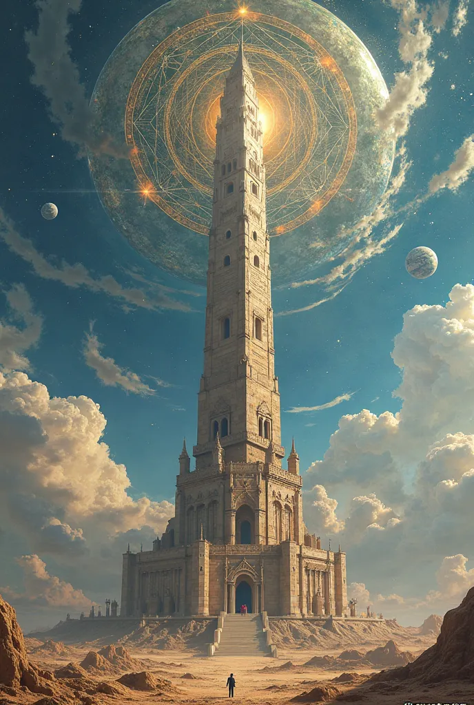 Tower of Babel ultra realistic sky with elements of sacred geometry