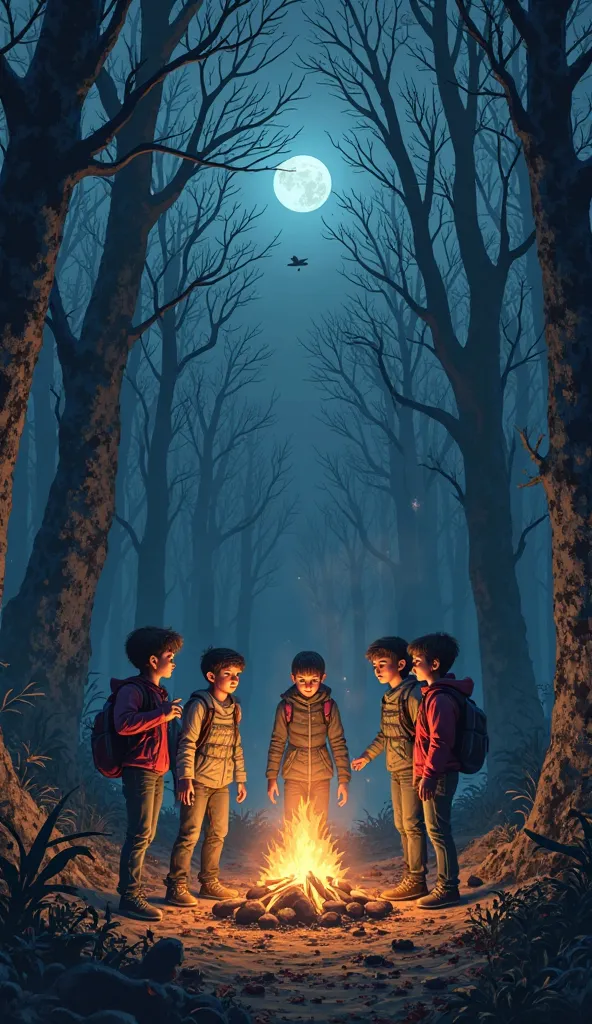 Young people camping in a spooky forest at night