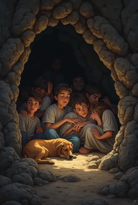 Seven young men sleeping peacefully inside a dark cave,  A dog rests at the entrance, appearing to be in deep slumber. The sunlight gently shines into the cave, casting a soft golden glow on their faces.