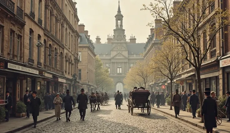 A historical depiction of Paris in the early 1900s, with cobblestone streets, horse-drawn carriages, and the Sorbonne University building in the background, setting the scene for Marie Curie’s academic journey.