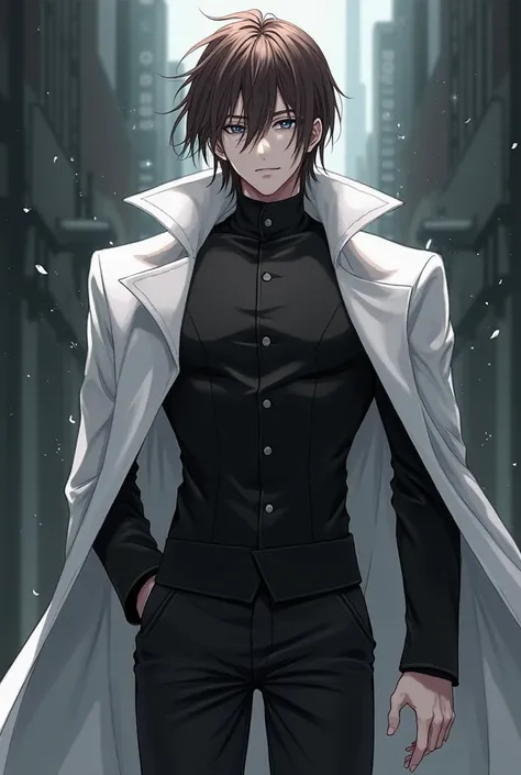 The character is a male anime with brown and medium hair, cold eyes, dark brown and tall. He wears black clothes and a white coat and has a white skin and has medium muscles 