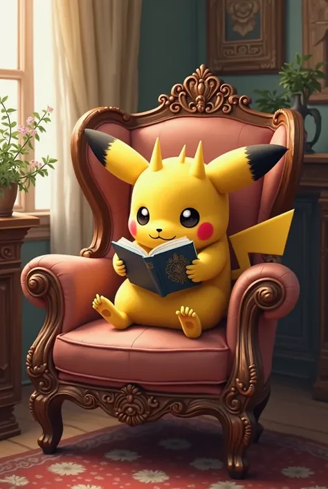 Pikatxu with little horns sitting reading a book in a very elegant Victorian armchair 