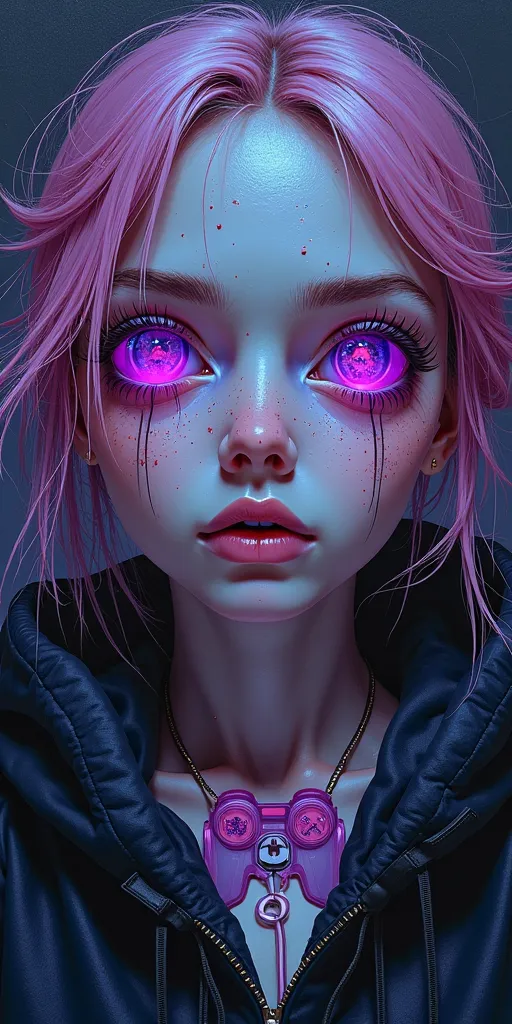 "Peinture surréaliste à la manière de Mark Ryden et Adrian Borda représentant une jeune femme gamer à la peau de porcelaine pâle traversée de craquelures violettes qui luisent comme des néons. Son visage expressif est illuminé par un éclairage d'écran bleu...