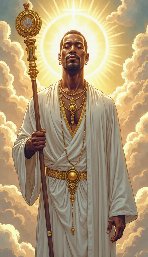 COMIC BOOK STYLE. A majestic representation of Oxalá, the divinity of peace and wisdom in Candomblé and Umbanda. He wears a radiant white robe and holds a sacred staff, radiating serene light. The background is ethereal, with soft clouds and a divine glow,...