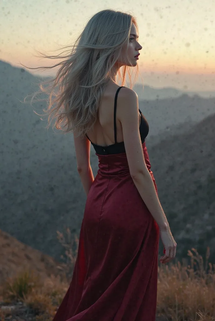 girl,Alone, 1, 60 tall, white, slightly pink skin,High resolution, anatomically correct, Necessary, light green eyes ,red lipstick,gray hair,  hair in the wind,big boobs,  thin waist,  medium ass,  black bra ,  tight long dress , dark red dress, dusk, Moun...