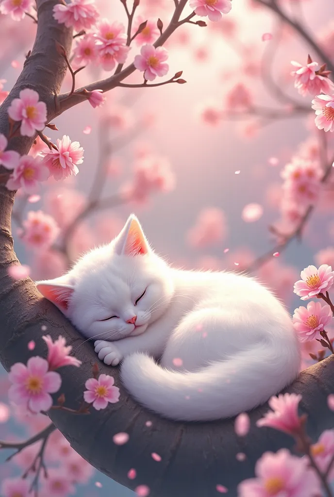 White cat sleeping on a cherry tree in full bloom