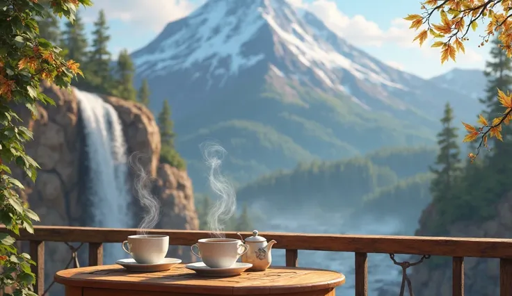 A beautiful balcony with a beautiful table on top, two cups of hot coffee with coffee smoke and a teapot, in the background a beautiful mountain with a waterfall 