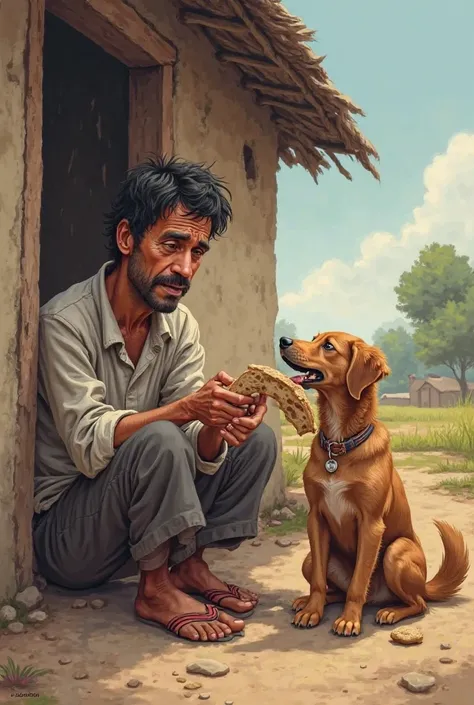 Ramu, looking tired but kind, sitting on the ground in front of his small house. He is breaking a piece of dry bread and lovingly feeding it to To dog, who eagerly eats it. The background shows a simple rural setting with a few trees and a small field.