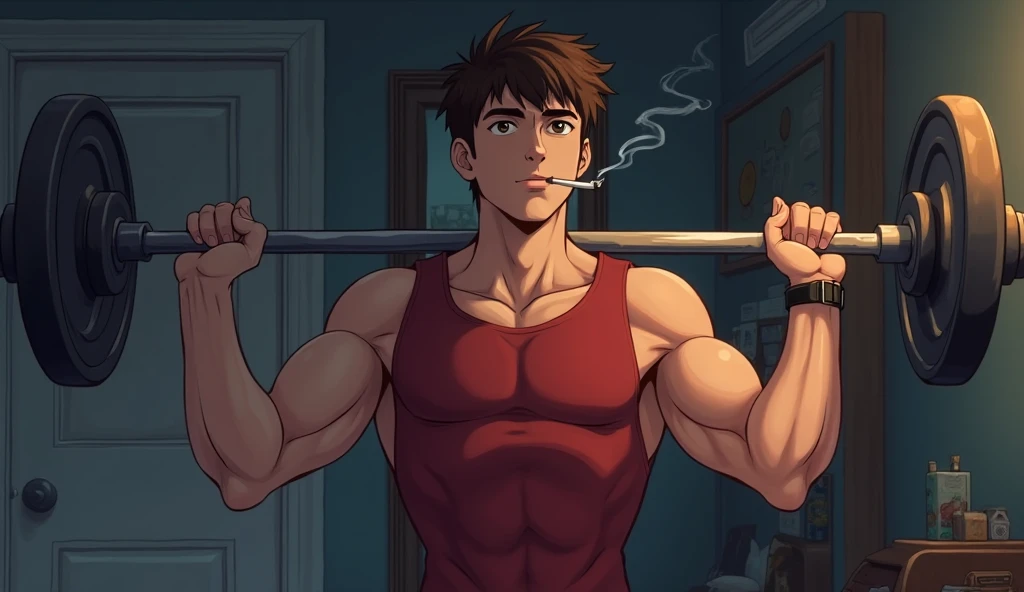 "A young adult male, around 20 years old, with brown hair and brown eyes, is shown from the waist up in his dimly lit bedroom. He is now more muscular, wearing a red sleeveless shirt that highlights his toned arms, and a wristwatch. He is lifting a barbell...