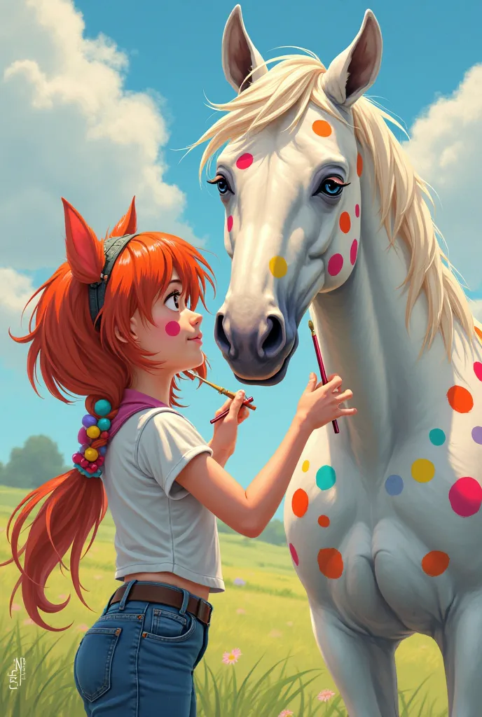 Red-haired girl paints colorful dots on white horse with brush