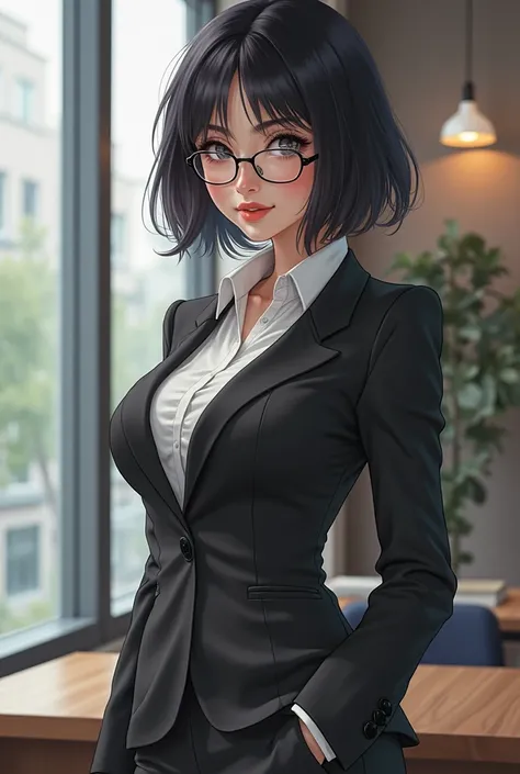 (( best quality)), (( Masterpiece )), ( details), (  1 girl ), sexy, black hair with big breasts 120 CM OL ,  short tail,  Young woman , OL with glasses , ((( Woman standing in office ))) , ( woman in business suit )