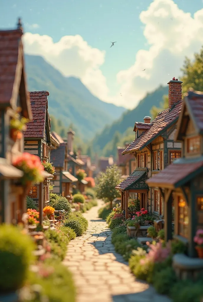 a serene and meticulously detailed photograph of a Miniature Village Setup, bathed in warm, golden light with a subtle mist effect, evoking a sense of nostalgia and tranquility, set against a soft, gradient blue sky with puffy white clouds, with tiny, intr...