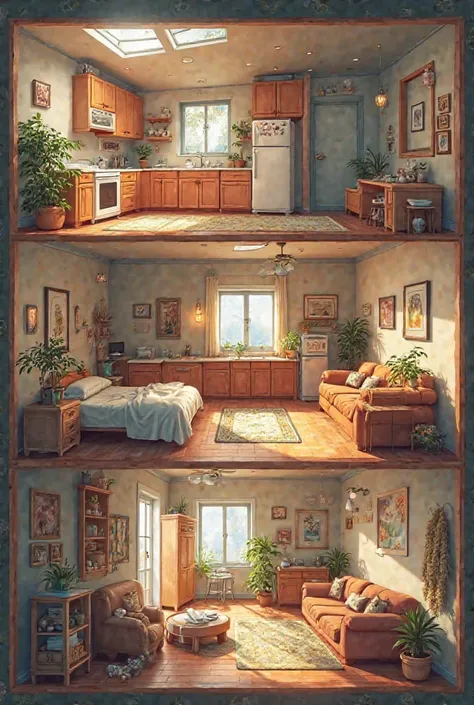 Room, kitchen, bathroom, shower, bedroom, and living room