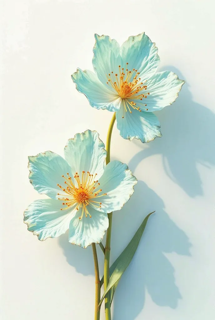 Create an elegant and ethereal floral arrangement in Disney-Pixar 3D style with delicate flowers with translucent petals in soft shades of turquoise and white. Their edges shimmer with fine gold details, and their intricate centers radiate warm golden fila...