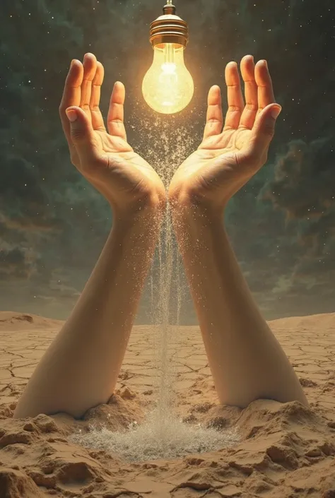 Concept of some hands from the creation of Adam opening the water tap pouring sand with a light bulb over the cracked desert
