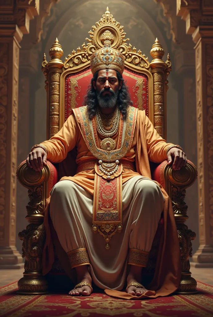 A regal Indian king sitting on a throne, exuding wisdom and justice, with a serene and determined expression." Image generate
