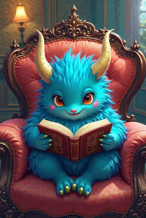 Pikatxu's blue friend with little horns sitting with a book in his hand on a Victorian armchair. Pop Art Style