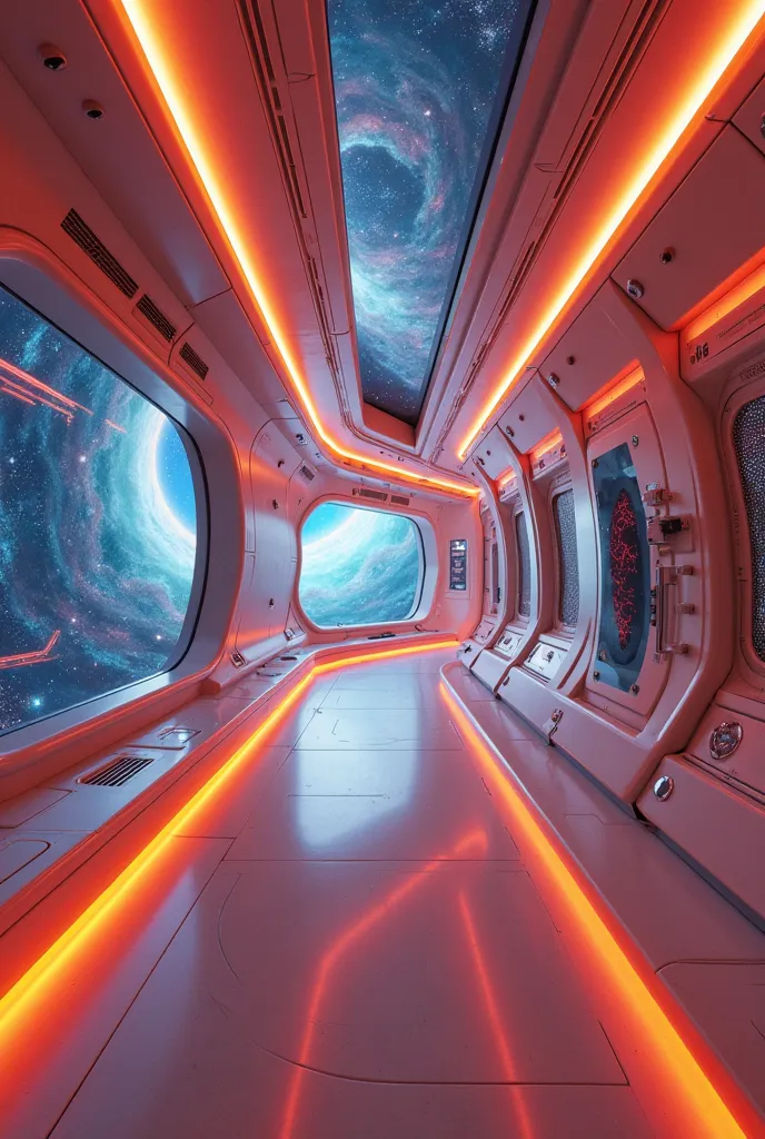 corridor of a spaceship with bright light with side windows where you can see galactic arms and starry space