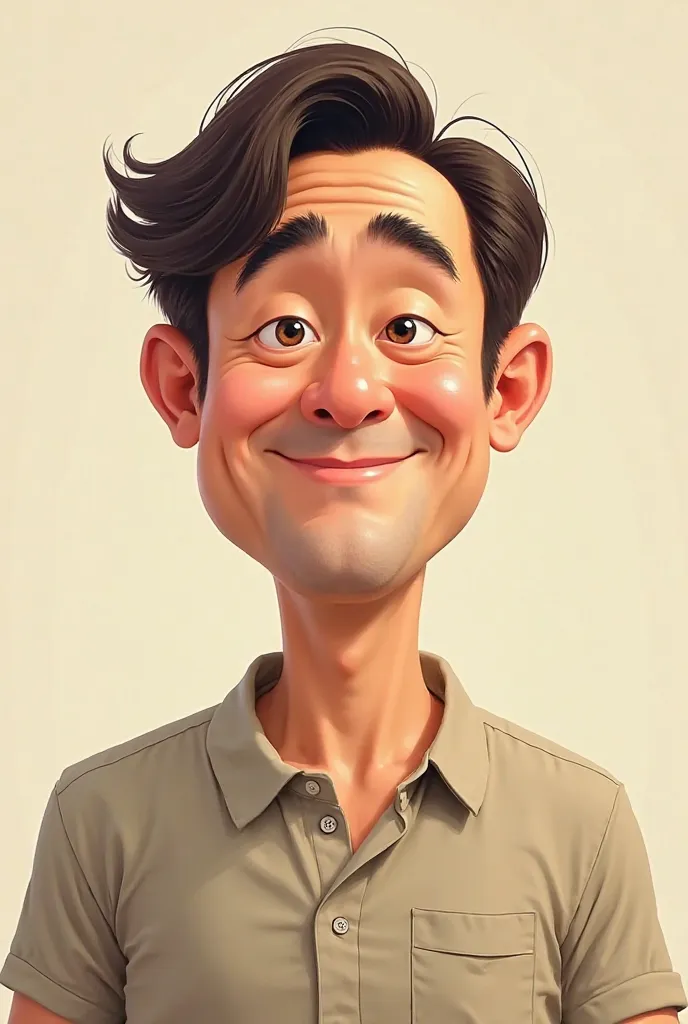 35 year-old man, half fat, With Japanese eyes, dark brown hair, brown eyes, Brazilian and short hair in a cartoon