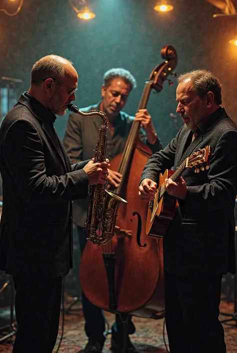 A picture with three musicians looking ahead and playing music in Jaz style
