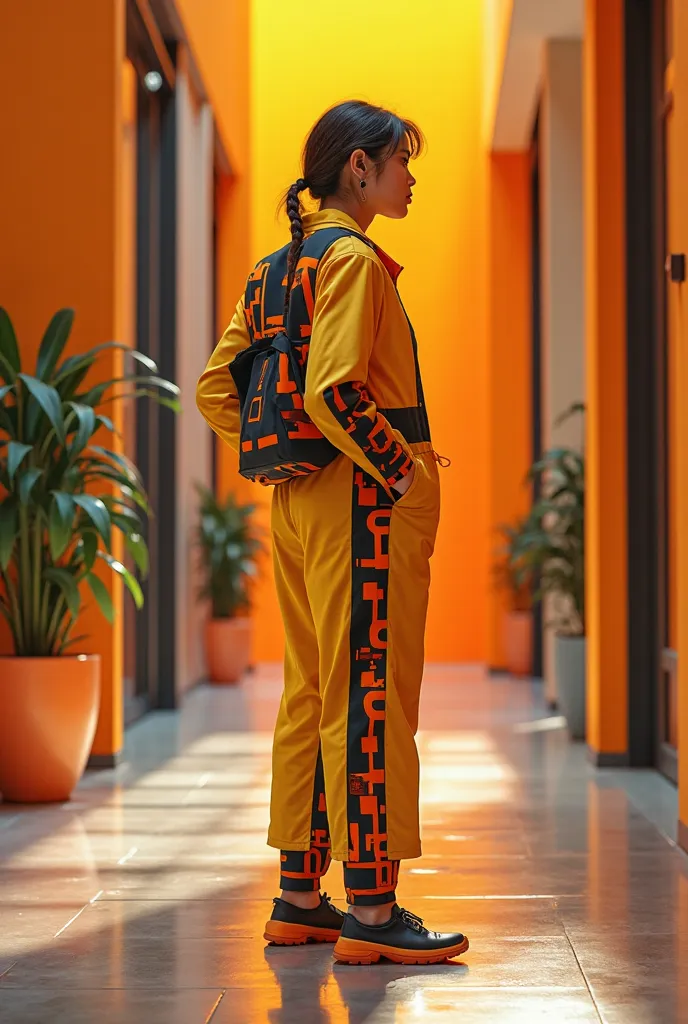 Cleaning man , with yellow and orange and black colors in their Memphis corporate style clothes