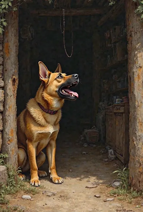 Tommy, the brave dog, standing in front of the hut’s entrance, barking loudly with his ears raised and teeth showing. His posture is defensive, ready to protect his master. The thieves look surprised and a little scared.