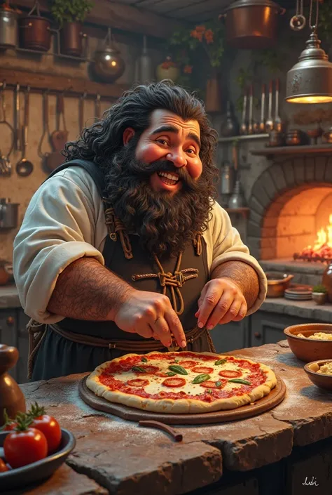 In total view you can see a kitchen. dwarves. He's chubby and has Jewish curls. and looks happy. He's making pizza