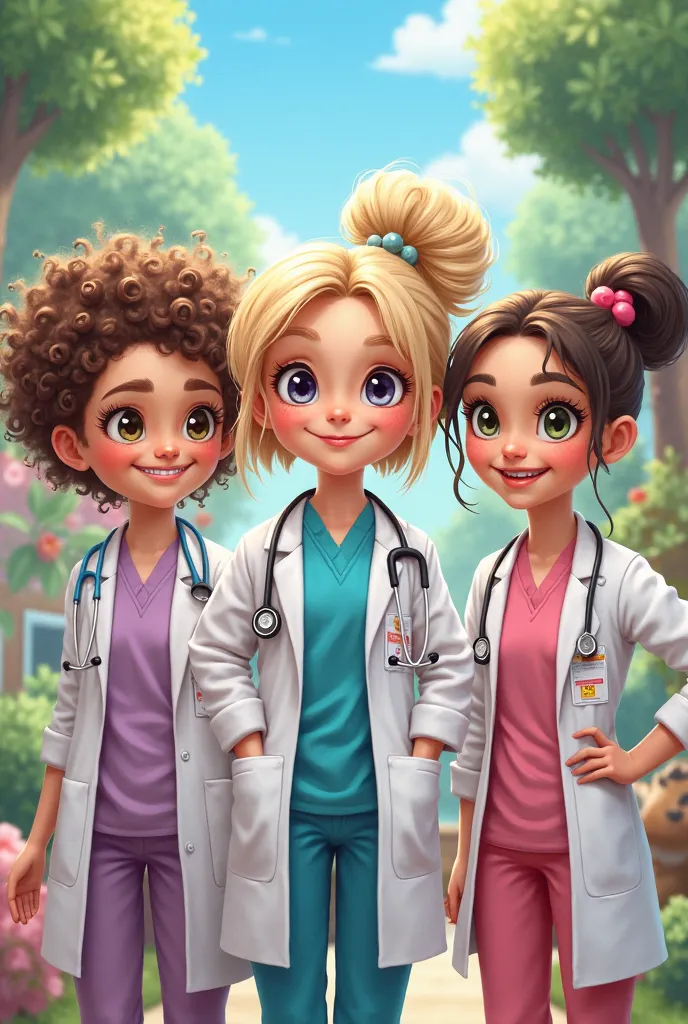 Three girls, one with short curly blonde hair, another with straight blond hair and the third with a pigtail and a brown braid dressed as Pitxar vets 