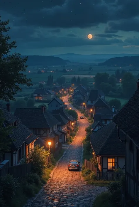 A hyper-realistic night scene of a small, quiet countryside town. The dim streetlights cast a warm glow on cobblestone streets, while the soft hum of the night is broken only by the occasional sound of distant crickets. Small, cozy homes with glowing windo...