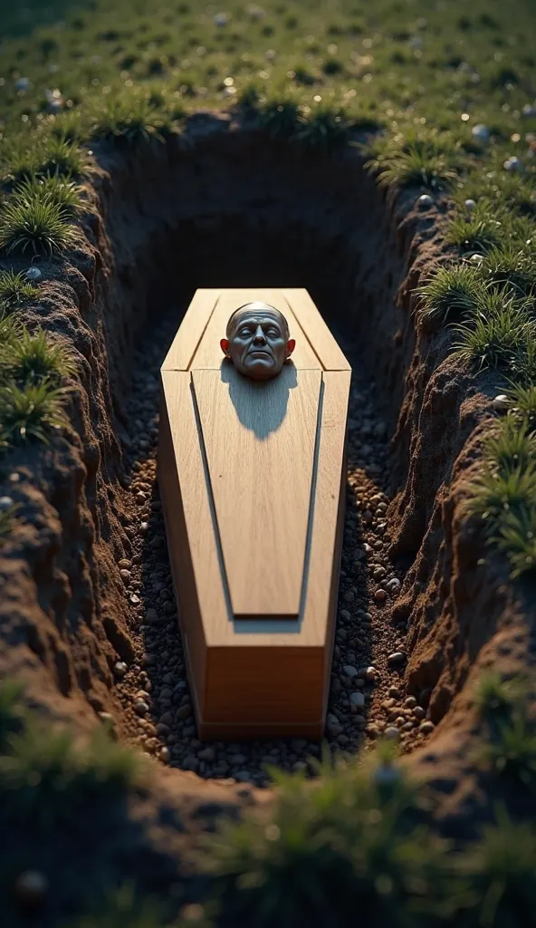 Ultra-realistic image of a light wooden coffin inside an open grave, surrounded by dark soil and grass around the edges. The coffin lid is partially open, revealing only the face of Pope Francis, with closed eyes and a serene expression, as if in eternal r...